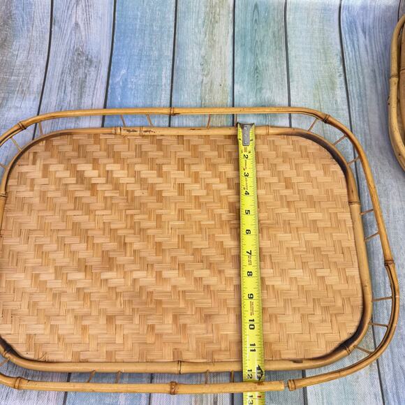 MCM Wicker Rattan Bamboo Serving Tray Set of 4 Tiki Tropical Beach Lap Vintage - Picture 7 of 8